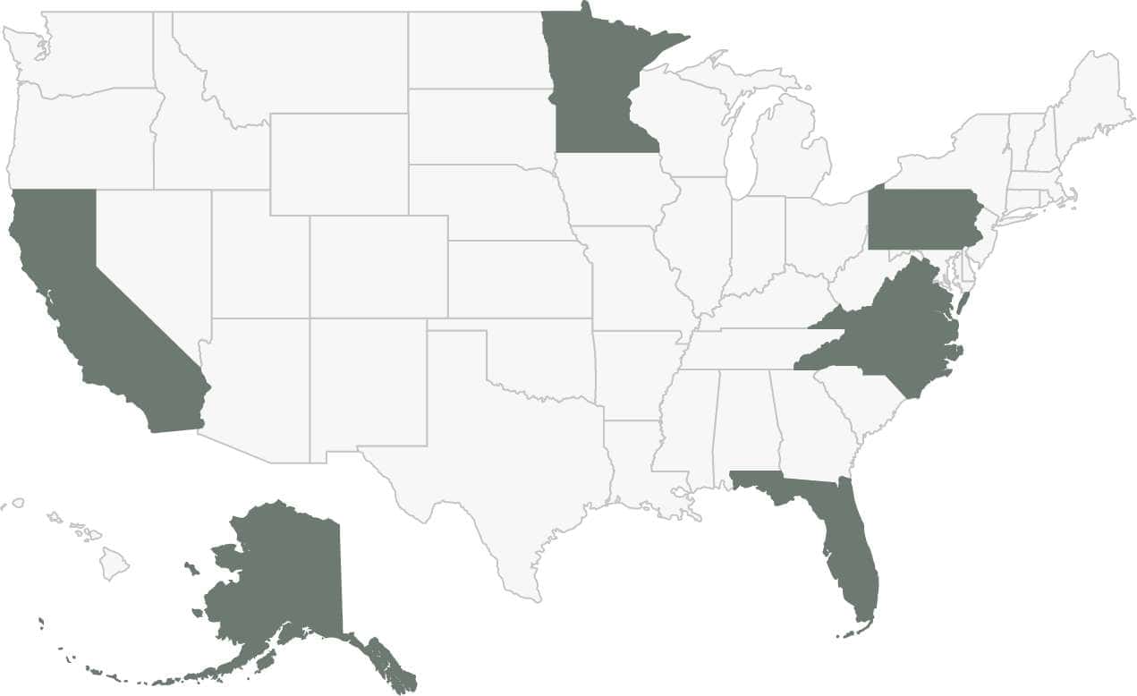 map of United States with highlights on AK, CA, D.C, FL, MN, NC, PA, & VA